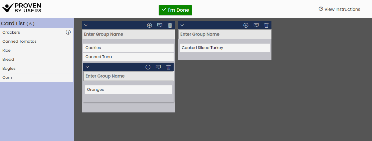 View of card sorting interface