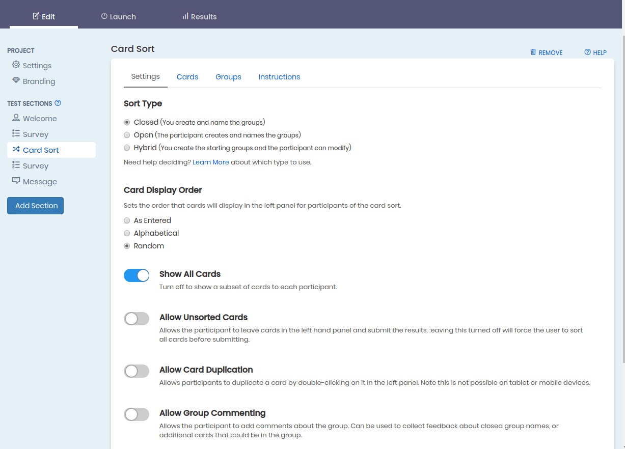 View of card sort settings